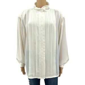 Alicia Vintage 80s Cream Semi Sheer Pleated Blouse Embroidered Mock Neck Sz 18